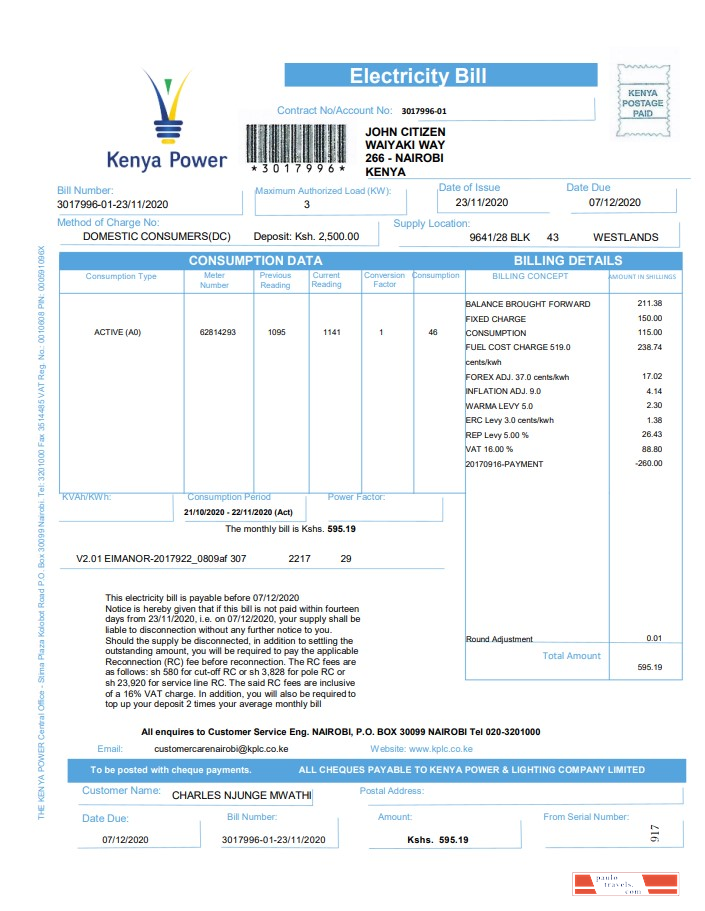 Kenya Power utility bill template in Word and PDF format